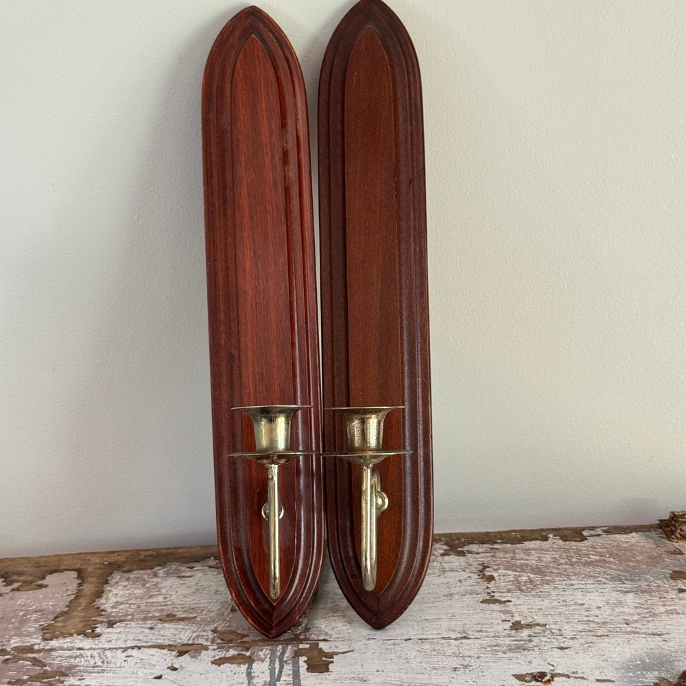 Vintage Home Interiors Wood and Brass Wall Sconces Votive Pair MCM Dark Academia